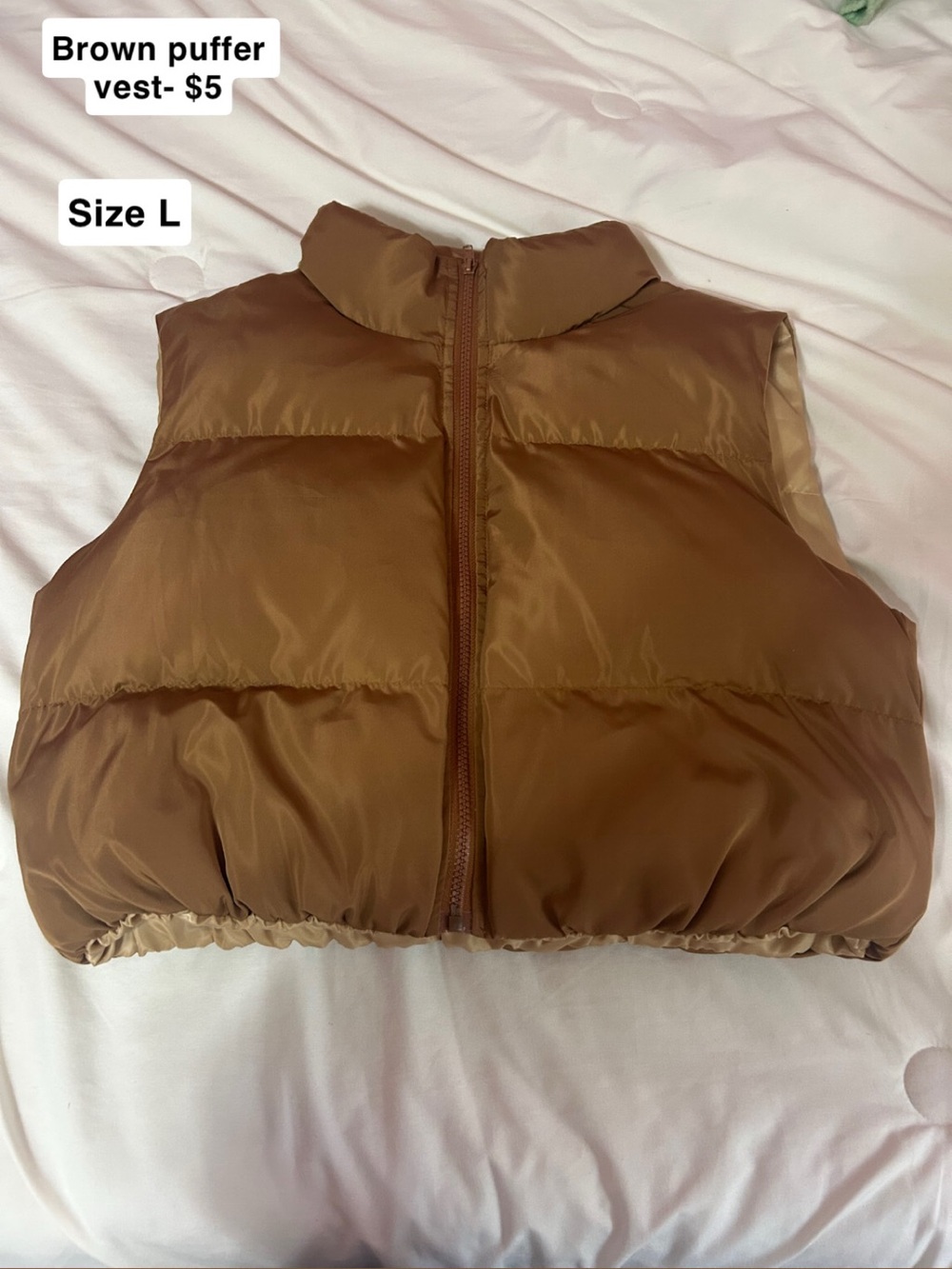Brown Puffer Vest - Sleeveless Zip Front